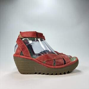 Fly London Style Red Leather Wedge Sandals Ankle Strap Platform Women's Size 38